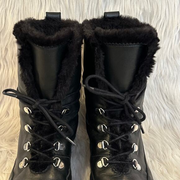 Stuart Weitzman Luge Boots Leather Faux Shearling Lace Up Mid Calf Combat Boots - Picture 6 of 16